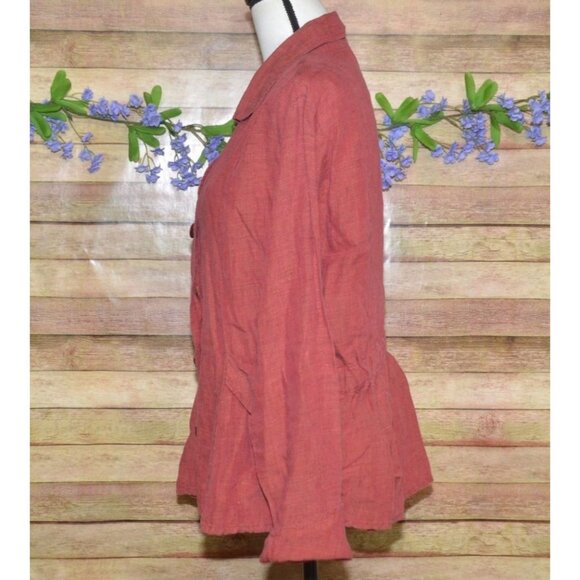 FLAX Button Up Linen Jacket Blouse Blazer Size M V-Neck Collared Pockets Career - Picture 4 of 9